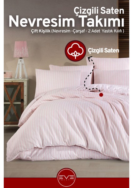 Saten Çizgili Çift Kişilik Lüks Nevresim Takımı Set 200X200 cm