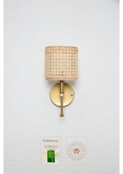 Doğal Rattan ve Hazeran ile Şık Gold Duvar Aydınlatması, Kablosuz ve Ledli