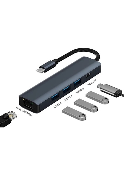 Ally BYL-2302 5 In 1 Type-C To USB + Type-C + Ethernet Dönüştürücü Çoğaltıc - YKD3609-6837