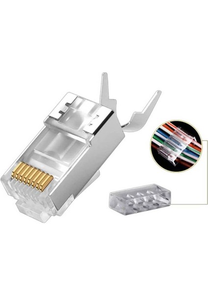 RJ45 Cat7 Konnektör Seti (100 Adet + Ayraç) | Yeni Nesil Metal Uç | Ethernet ve Network Uyumlu