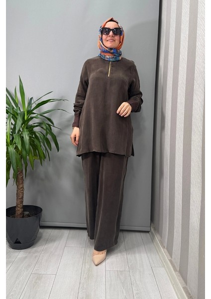 Dik Yaka Fermuarlı Uzun Kollu Tunik Kahve T25Y-6068