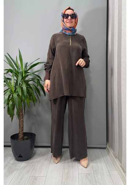 Dik Yaka Fermuarlı Uzun Kollu Tunik Kahve T25Y-6068 fırsatları