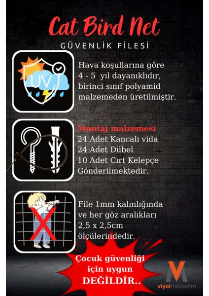 Balkon Güvenlik Filesi 2,5x9 Mt, 24 Adet Montaj Seti, Beyaz, Kedi ve Kuş Koruma modelleri