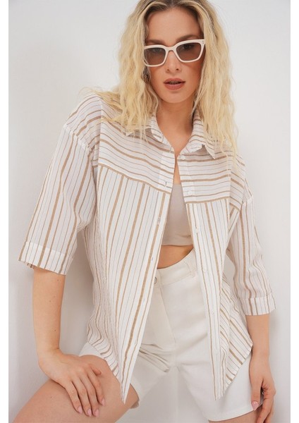Çizgili Kısa Kol Gömlek 20344 - Krem