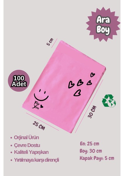 100 Adet 25X35 Ara Boy Fuşya Kargo Poşeti Cepsiz Hediye Ambalaj Poşeti