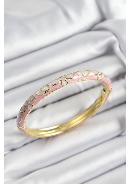 Mineli Pirinç Pembe Çiçek Motifli Gold Renk Kadın Kelepçe