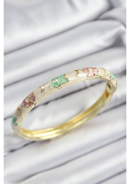 Mineli Pirinç Pembe Yeşil ve Krem Çiçek Motifli Gold Renk Kadın Kelepçe