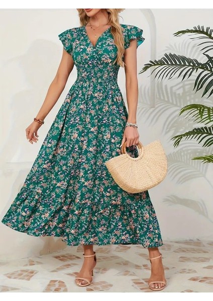 Miracotton Kadın Kısa Kollu Kruvaze Yaka Beli Lastikli Çiçek Desenli Elbise