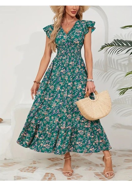 Miracotton Kadın Kısa Kollu Kruvaze Yaka Beli Lastikli Çiçek Desenli Elbise modelleri