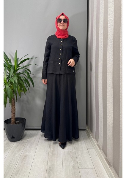 Düz Renk Keten Kısa Ceket Siyah T25Y-8048