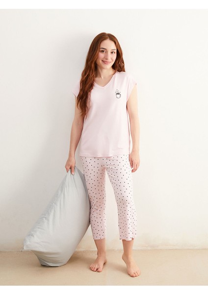 Yeni Sezon Petite V Yaka Baskili Kadin Kaprili Pijama Takimi - S5PK25Z8