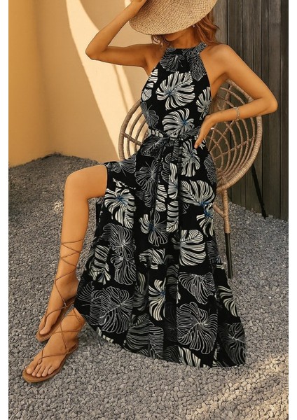 Kadın Kolsuz Halter Yaka Beli Lastikliotantik Desenli Mikro Kumaş Elbise