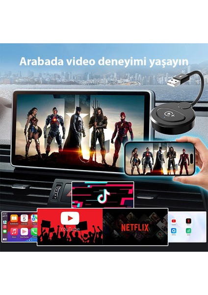 Usb+Type-C Apple Kablosuz Wireless Carplay Adaptör Çevirici -Youtube Netflix Tikto - YKD5423-7476