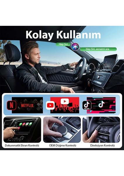 Usb+Type-C Apple Kablosuz Wireless Carplay Adaptör Çevirici -Youtube Netflix Tikto - YKD5423-7476
