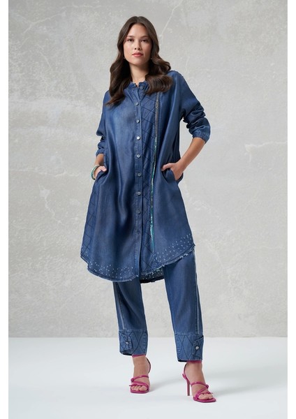 Paçası Düğmeli Tencel Pantolon Lacivert 35102