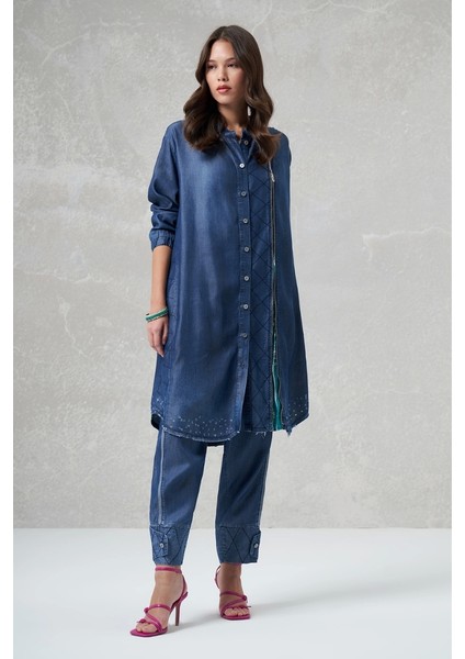 Paçası Düğmeli Tencel Pantolon Lacivert 35102 modelleri