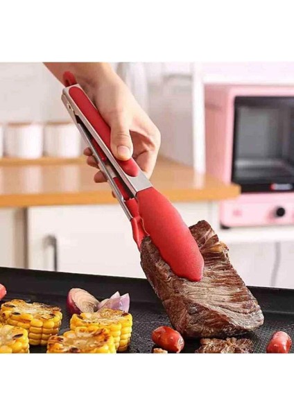 Metal Kızartma Maşası Silikon Uçlu Maşa Kırmızı Renk fiyatları
