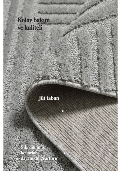 Modern Trend Tasarım Yumuşak Dokulu Özel Ebat Kesim Overloklu Jüt Taban Makine Halısı Gri