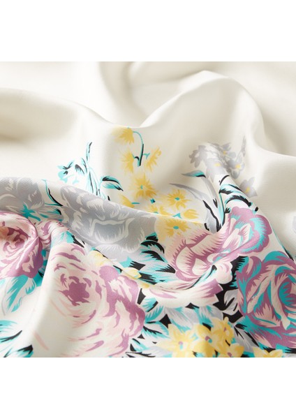 Beyaz Fuşya Saray Bahçesi Desenli Tivil Ipek Eşarp / 01184