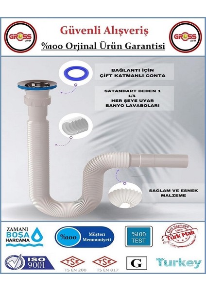 Lavabo Evye Gider Sifonu - Körüklü - Paslanmaz Süzgeç - Paslanmaz Vida fiyatları