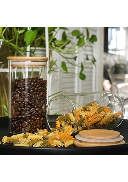 1250 cc (3'lü Set) - Borosilkat Cam Saklama Kabı - Bambu Kapaklı - Saklama Kabı - (9 cm x 19 Cm)