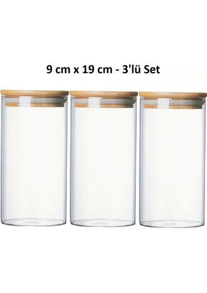 1250 cc (3'lü Set) - Borosilkat Cam Saklama Kabı - Bambu Kapaklı - Saklama Kabı - (9 cm x 19 Cm)