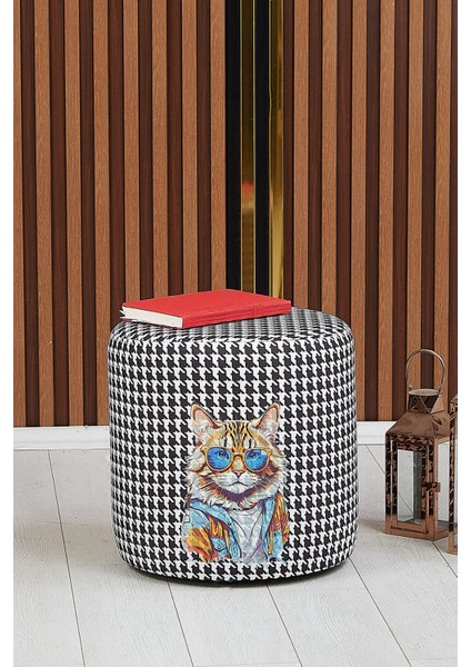 Siyah Beyaz Kedi Desenli 40*40 Yuvarlak Puf