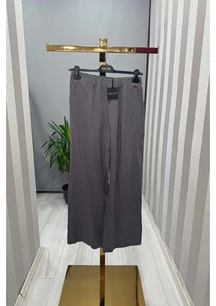 Düz Renk Bol Paça Keten Pantolon Antrasit T25Y-7012