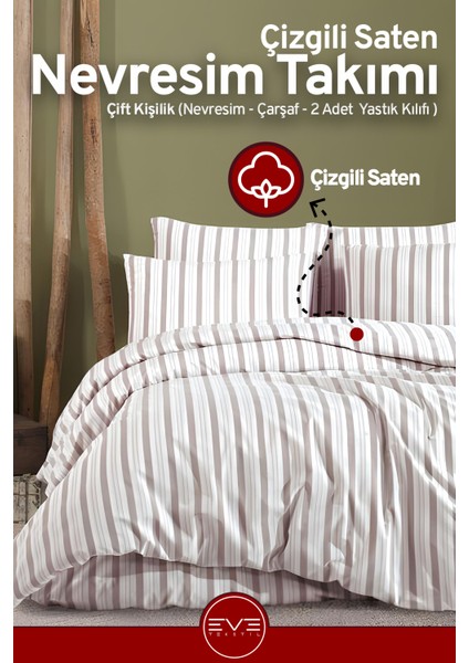 Saten Çizgili Çift Kişilik Lüks Nevresim Takımı Set 200X200 cm