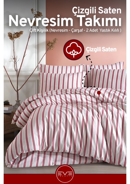 Saten Çizgili Çift Kişilik Lüks Nevresim Takımı Set 200X200 cm