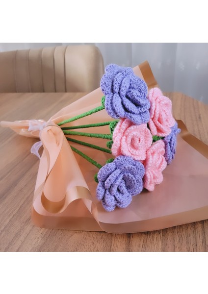 Örgü Çiçek Buketi, Örgü Gül Buketi, Şeker Pembe-Lila Renk Karışık Yapay Çiçek, Anneler Günü Sevgililer Günü Özel Günler Hediye Yapay Çiçek, Gift And Flowers