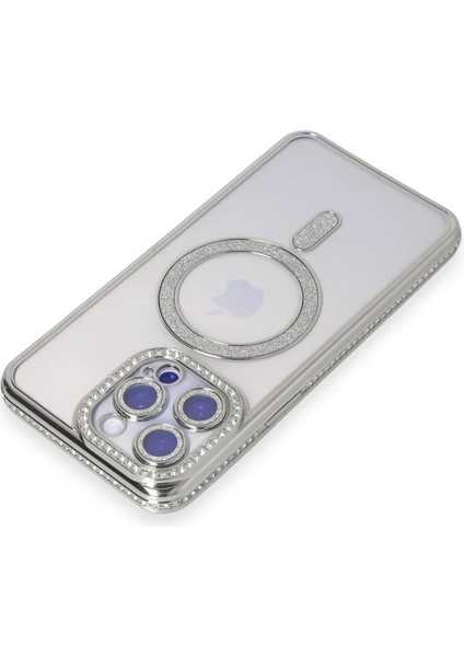 iPhone 14 Pro Max Kılıf Joke Simli Magneticsafe Kılıf - Gümüş - YKD6887-6229