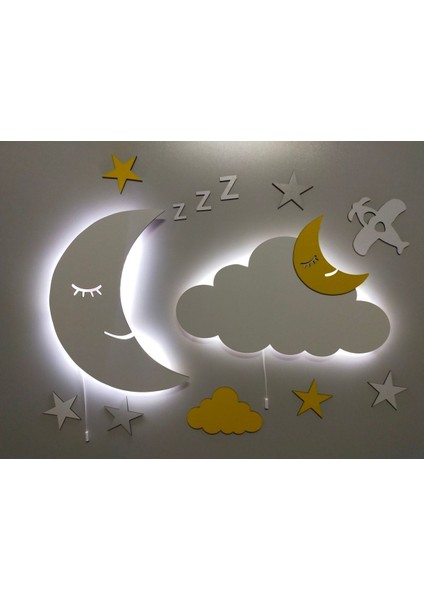 Ahşap Ay ve Bulut Işıklı Gece Lambası, Çocuk Odası Için Ledli Aydınlatma