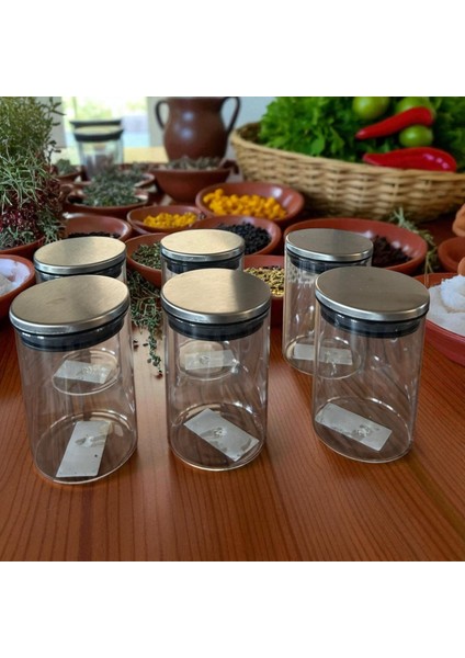 300 ml (70 mm x 100 Mm) 6 Lı Borosilikat Cam Baharatlık Seti-Sızdırmaz Sılıkonlu Metal Kapak