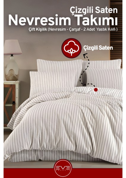 Saten Çizgili Çift Kişilik Lüks Nevresim Takımı Set 200X200 cm
