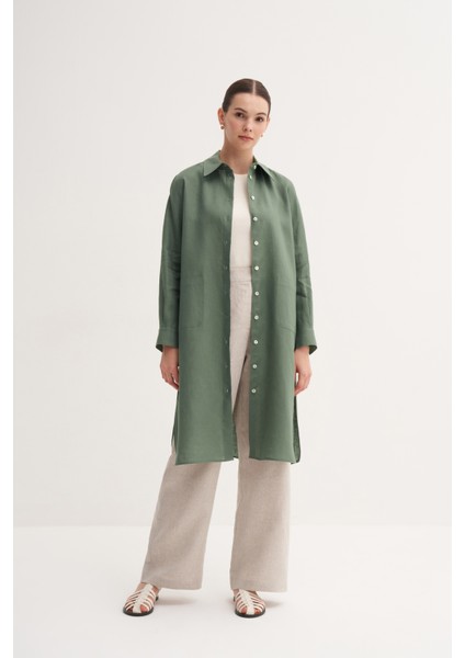 %100 Keten Rahat Kalıp Cep Detaylı Uzun Tunik