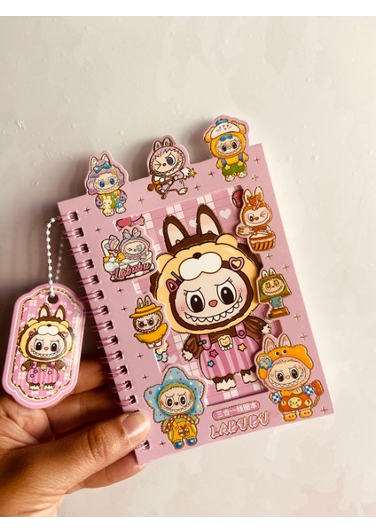 Labubu Sticker Etiket Çıkartma 16 Sayfa (300 Adet) Su Geçirmez+Opak 8 Sayfa Not Defteri