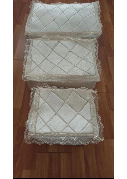 Kadife Işlemeli 3'lü Bohça, Inci-Güpürlü, Şık ve Zarif Nişan, Gelin ve Damat Hediyesi