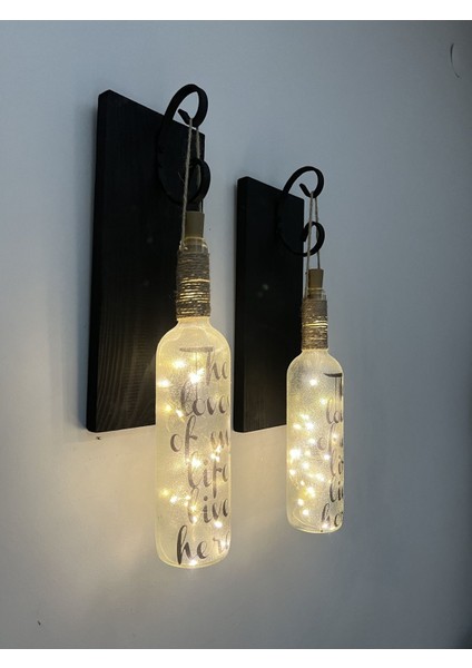 Şık Siyah Ahşap Dekoratif Ferforje Ledli Buzlu Cam Şarap Şişesi Aplik Set