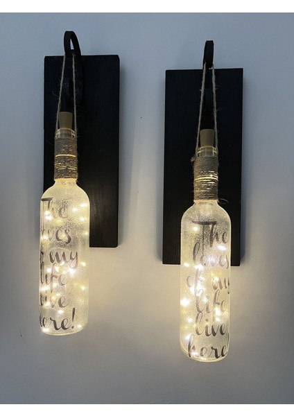 Şık Siyah Ahşap Dekoratif Ferforje Ledli Buzlu Cam Şarap Şişesi Aplik Set fiyatları