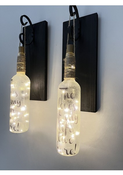 Şık Siyah Ahşap Dekoratif Ferforje Ledli Buzlu Cam Şarap Şişesi Aplik Set modelleri