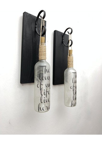 Şık Siyah Ahşap Dekoratif Ferforje Ledli Buzlu Cam Şarap Şişesi Aplik Set fırsatları