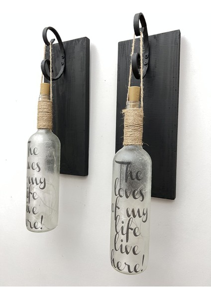 Şık Siyah Ahşap Dekoratif Ferforje Ledli Buzlu Cam Şarap Şişesi Aplik Set