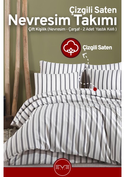 Saten Çizgili Çift Kişilik Lüks Nevresim Takımı Set 200X200 cm