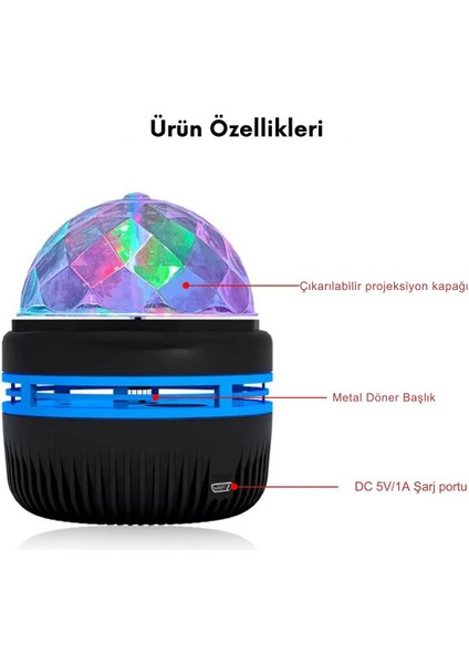 Hareketli Dönen Galaxy Gece Lambası ve Projeksiyonlu Disko Topu Siyah