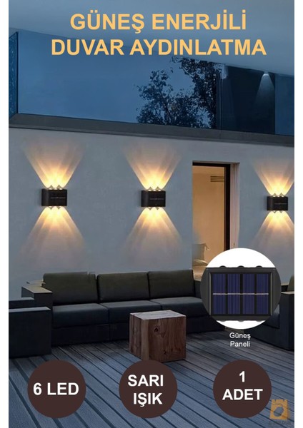 Güneş Enerjili Dekoratif Aplik Işık, Su Geçirmez, 6 Led, Sarı Günışığı