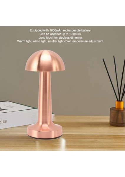 Dokunmatik Mantar Masa Lambası, 3 Renkli Işık, Şarjlı, Metal, Rose Gold indirimleri