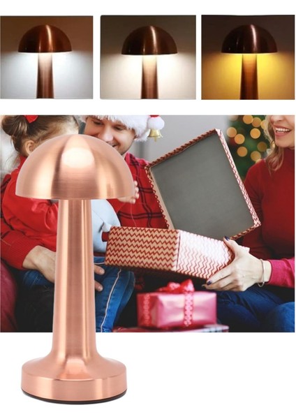 Dokunmatik Mantar Masa Lambası, 3 Renkli Işık, Şarjlı, Metal, Rose Gold