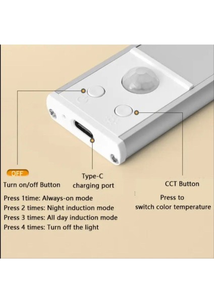 Sensörlü Slim LED Yatay Bant, Kabin, Dolap, Dekoratif Gece Lambası, Şarjlı, Beyaz, 30CM