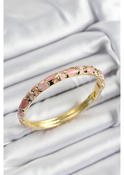 Mineli Pirinç Pembe Petek Motifli Gold Renk Kadın Kelepçe